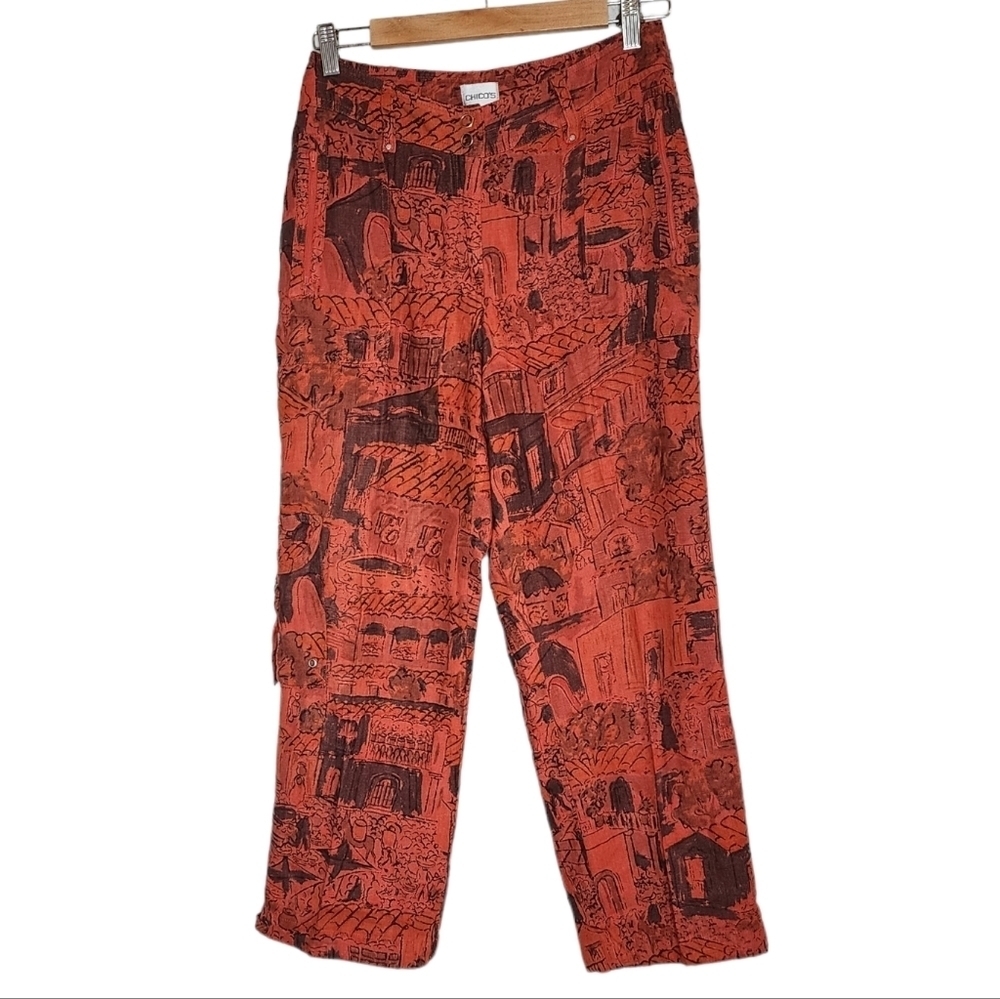 Chico's linen cropped orange printed pants. Ankle drawcord. Size 4. (Chico's 0)